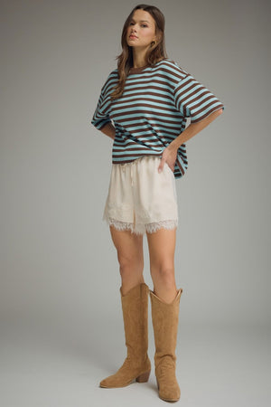 ENTRO INC Women's Top Ribbed Striped Short Sleeve Top