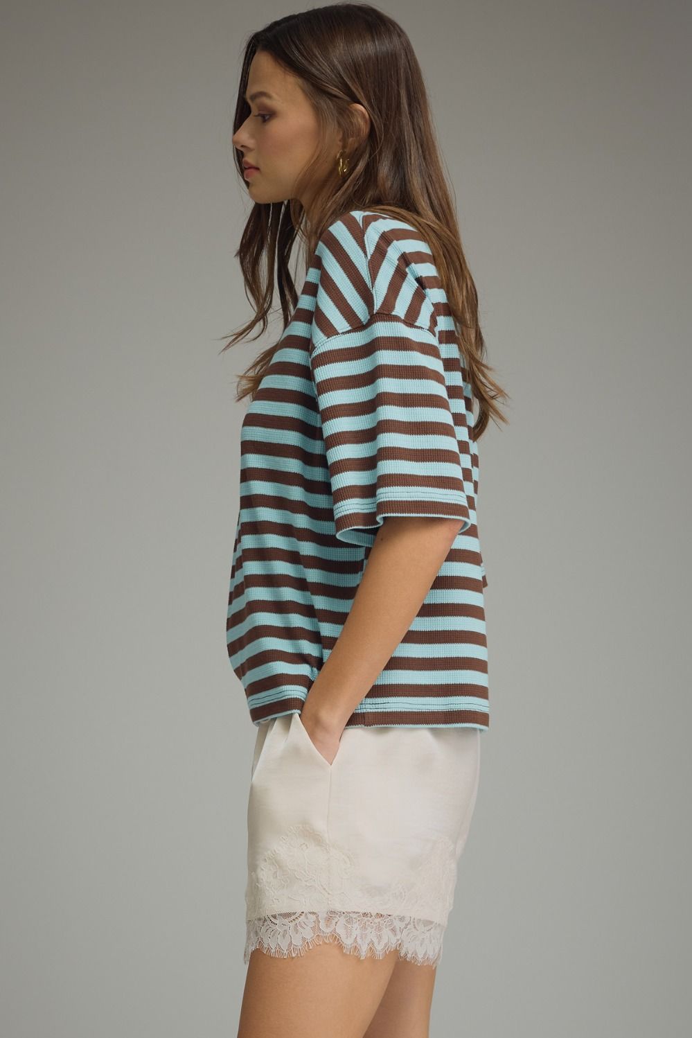 ENTRO INC Women's Top Ribbed Striped Short Sleeve Top