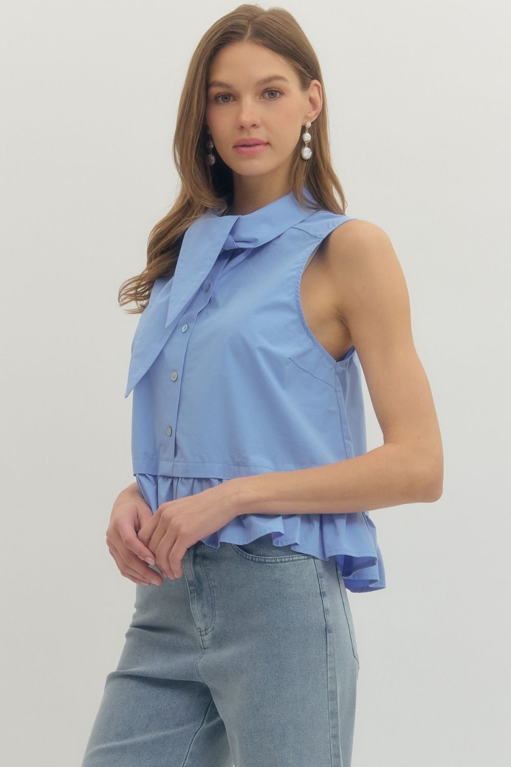 ENTRO INC Women's Top Ruffle Bottom Tie Neck Top