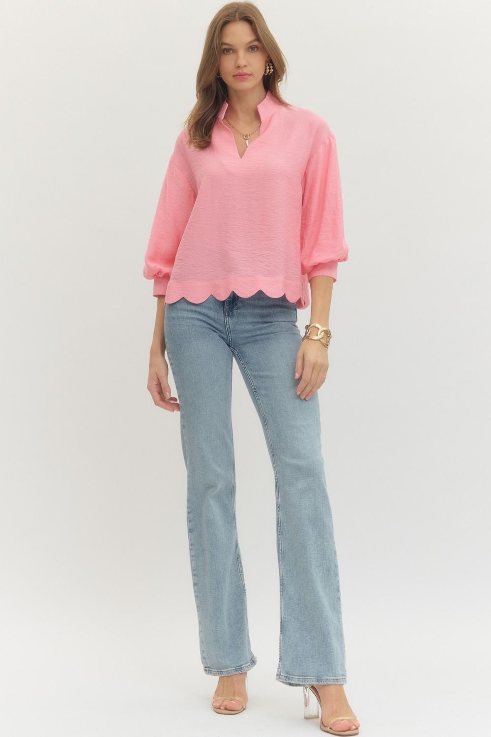 ENTRO INC Women's Top Solid 3/4 Sleeve Scallop Hem V-Cut Top