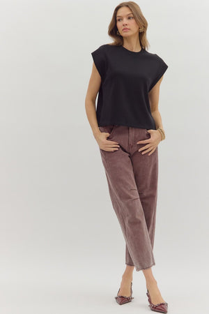 ENTRO INC Women's Top Solid Cap Sleeve Crew Neck Pullover Top