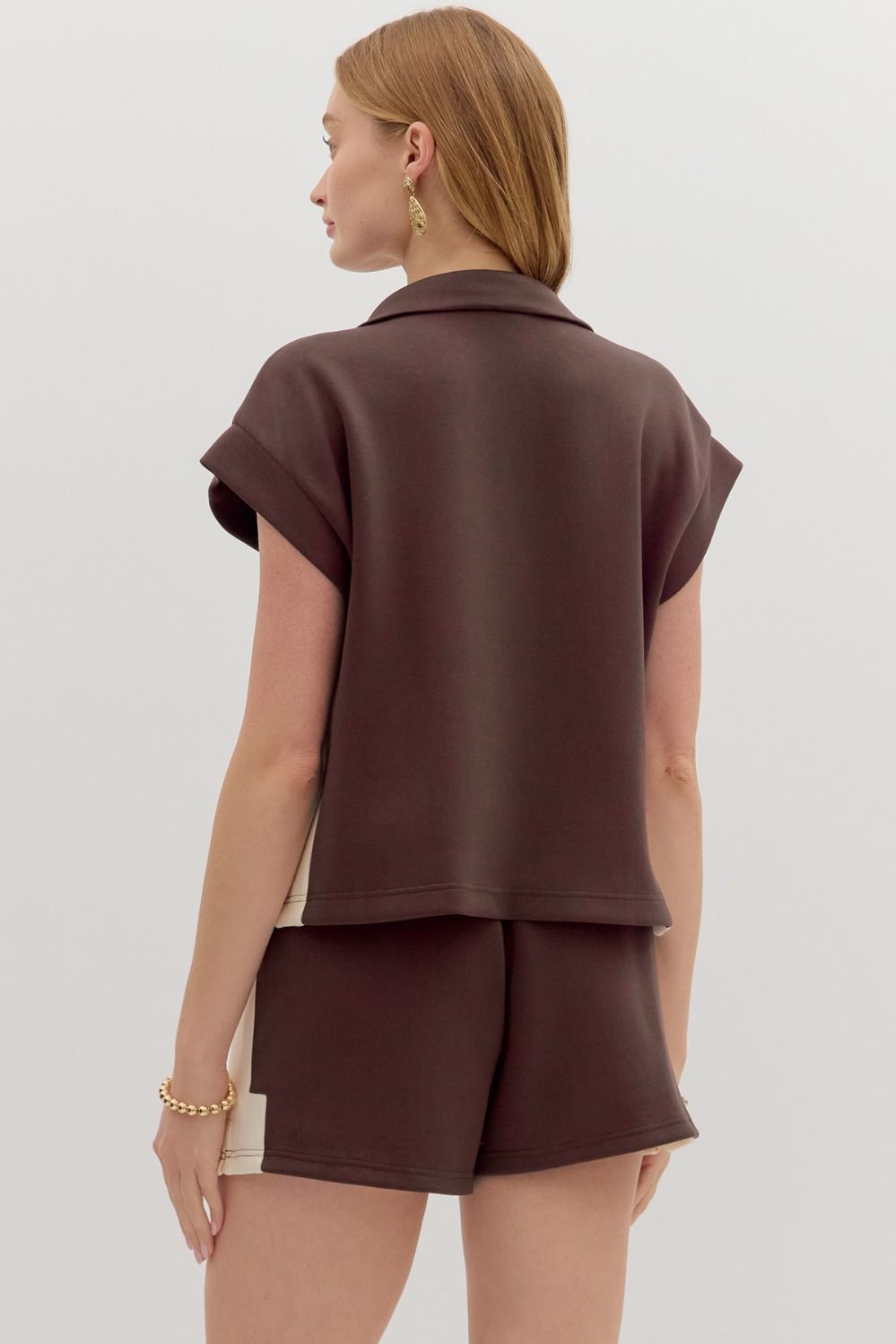 ENTRO INC Women's Top Solid Contrast Accent Zip-Front Pullover Top