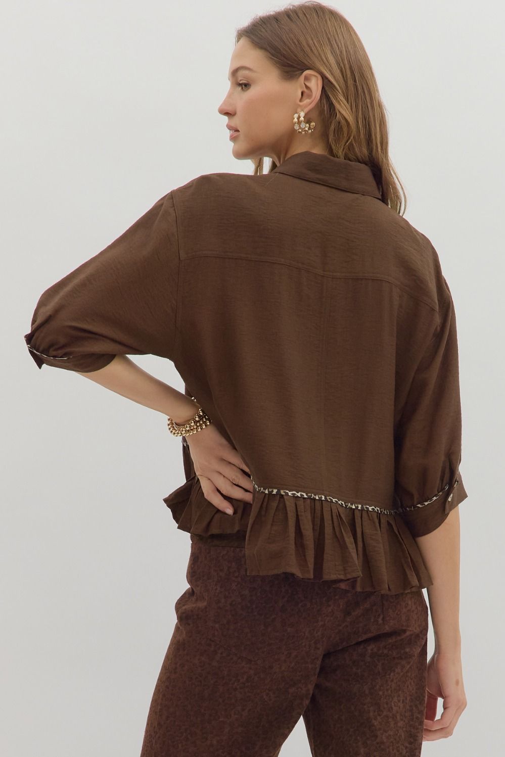 ENTRO INC Women's Top Solid Cuff Band ¾ Dolman Sleeve Ruffle Hem Top || David's Clothing