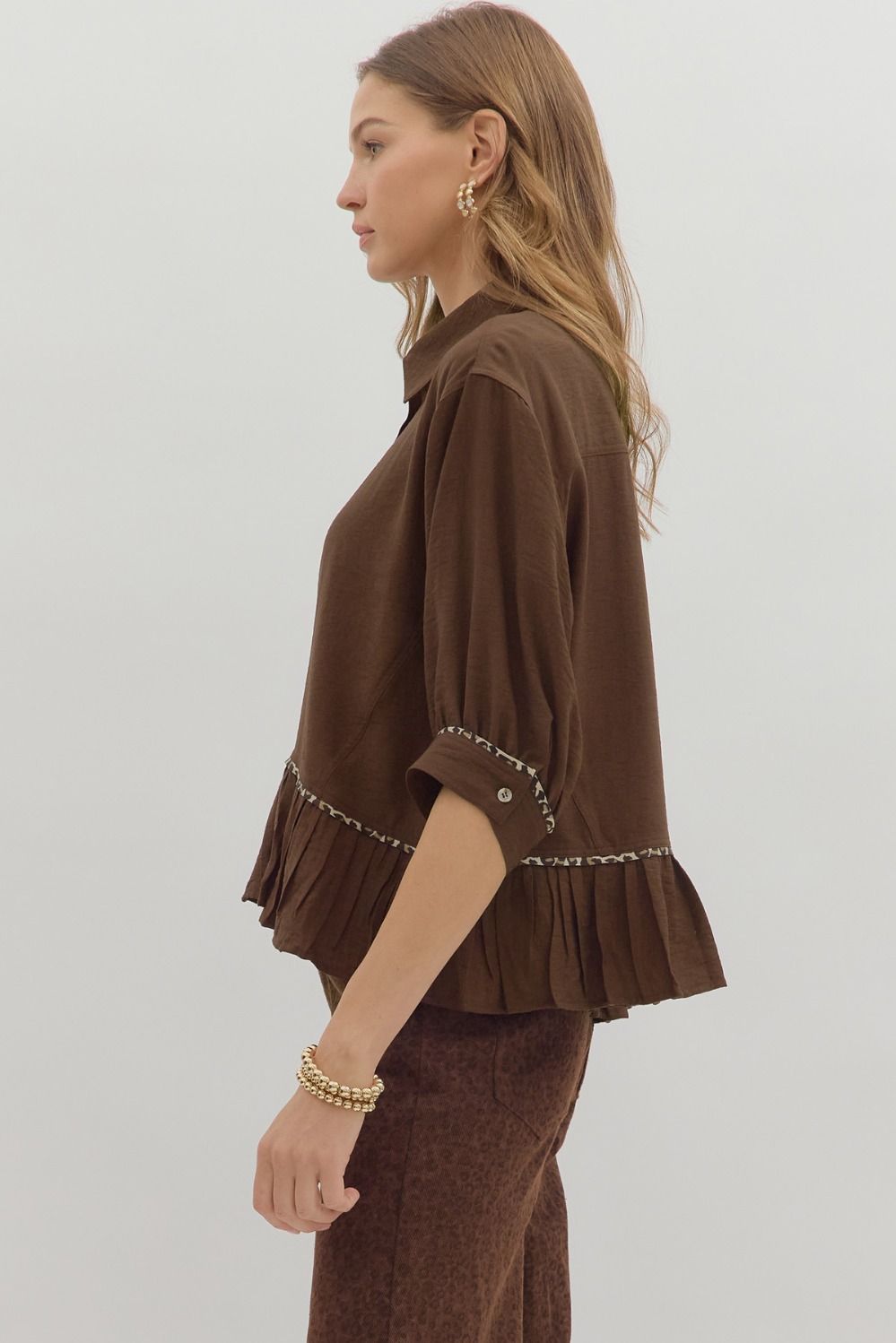 ENTRO INC Women's Top Solid Cuff Band ¾ Dolman Sleeve Ruffle Hem Top || David's Clothing