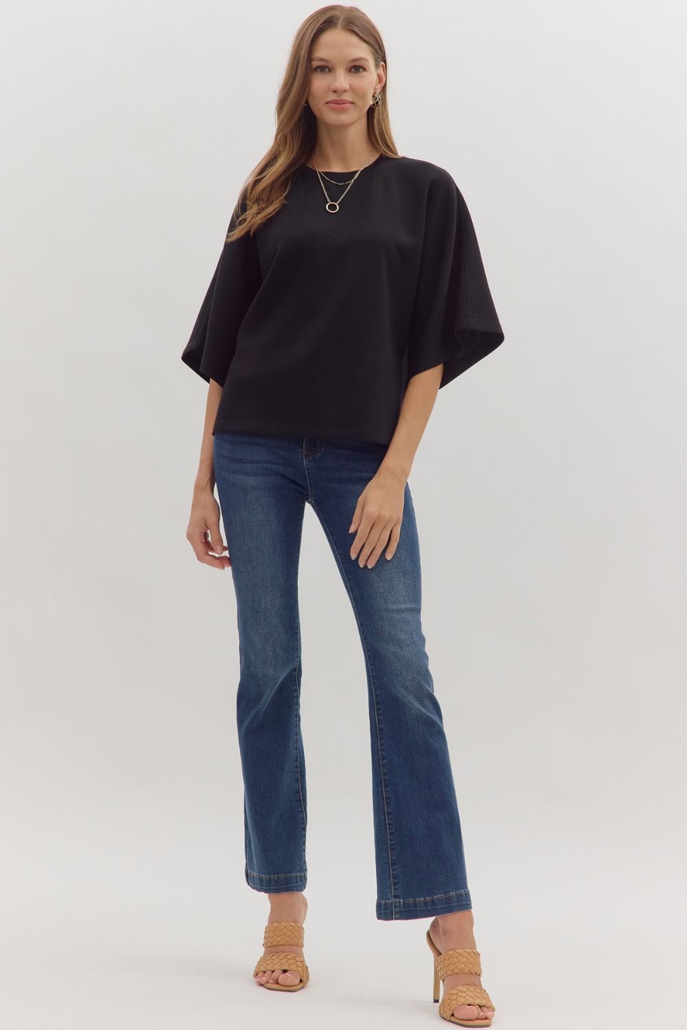 ENTRO INC Women's Top Solid Elbow Sleeve Top