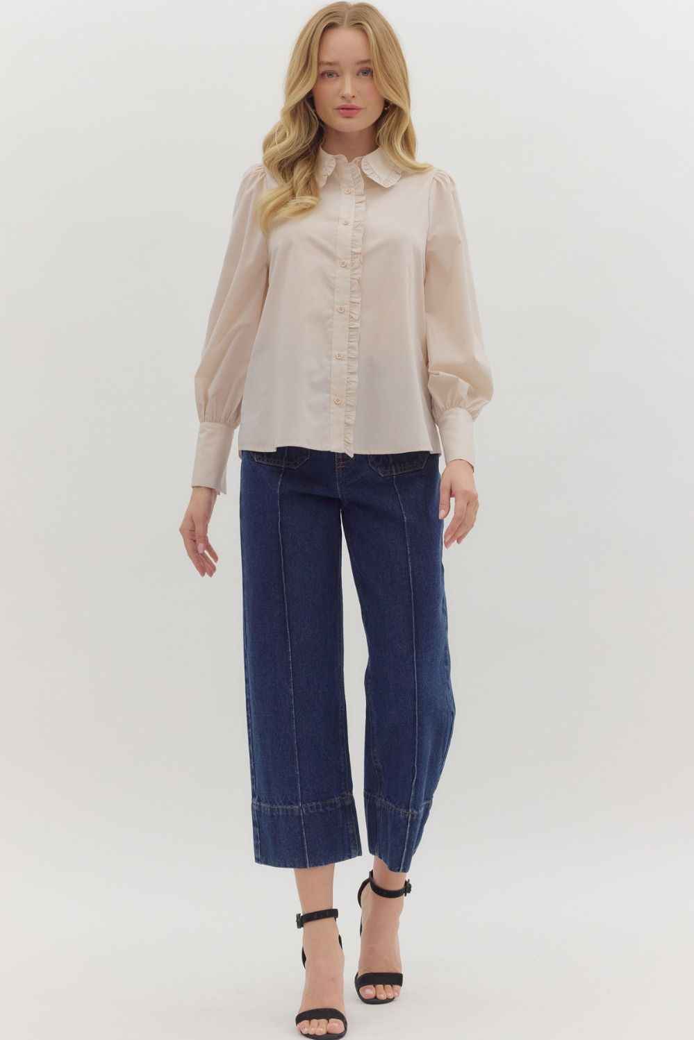 ENTRO INC Women's Top Solid Long Shirt Sleeve Collar Button Closure Top || David's Clothing