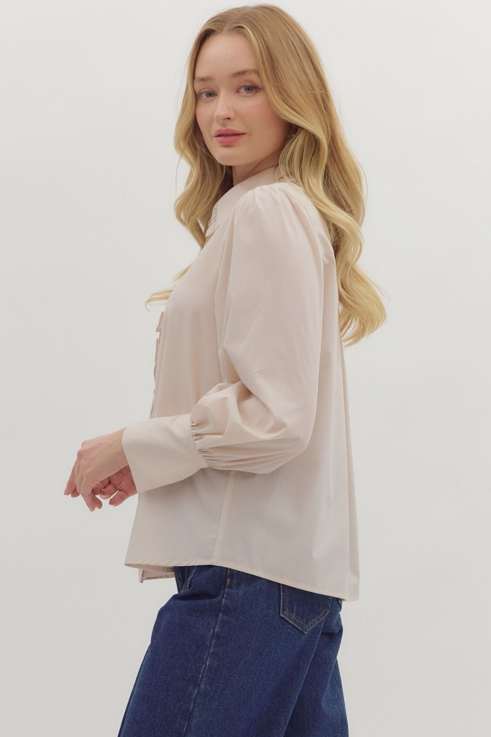 ENTRO INC Women's Top Solid Long Shirt Sleeve Collar Button Closure Top || David's Clothing