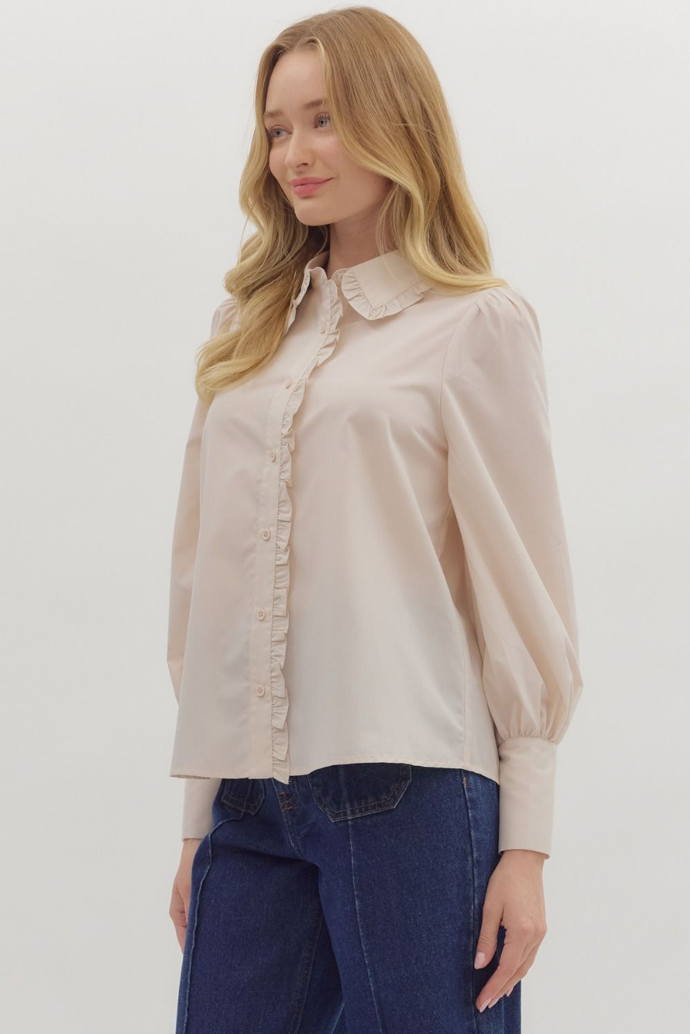 ENTRO INC Women's Top Solid Long Shirt Sleeve Collar Button Closure Top || David's Clothing