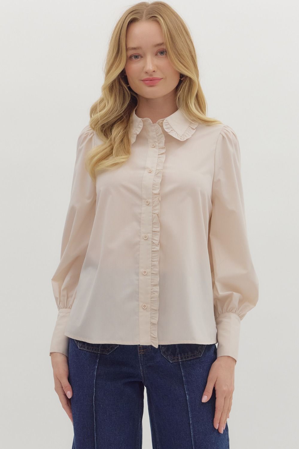 ENTRO INC Women's Top Solid Long Shirt Sleeve Collar Button Closure Top || David's Clothing