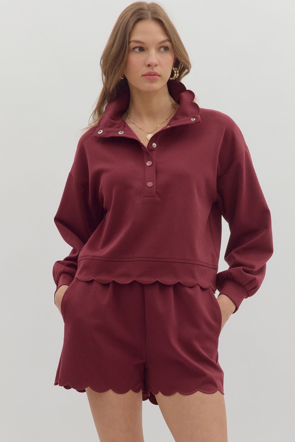 ENTRO INC Women's Top Solid Long Sleeve Snap Button Closure Pullover Top