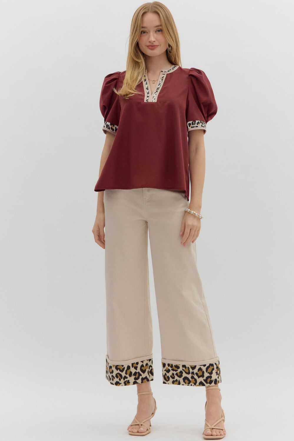 ENTRO INC Women's Top Solid Pleated Short Voluminous Sleeve Pullover Top