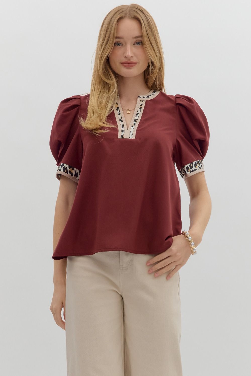 ENTRO INC Women's Top Solid Pleated Short Voluminous Sleeve Pullover Top