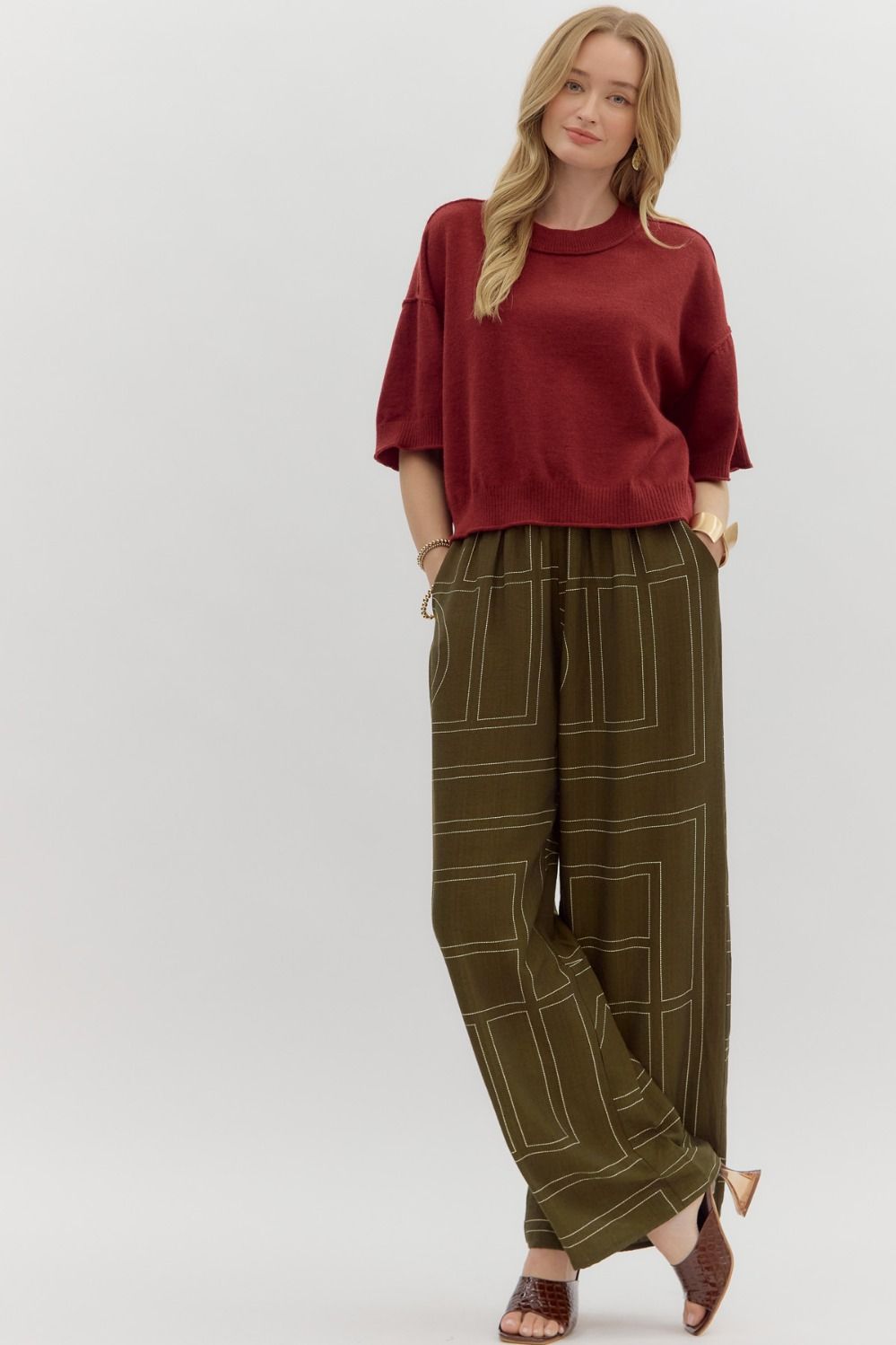 ENTRO INC Women's Top Solid Sweater Knit ¾ Wide Sleeve Pullover