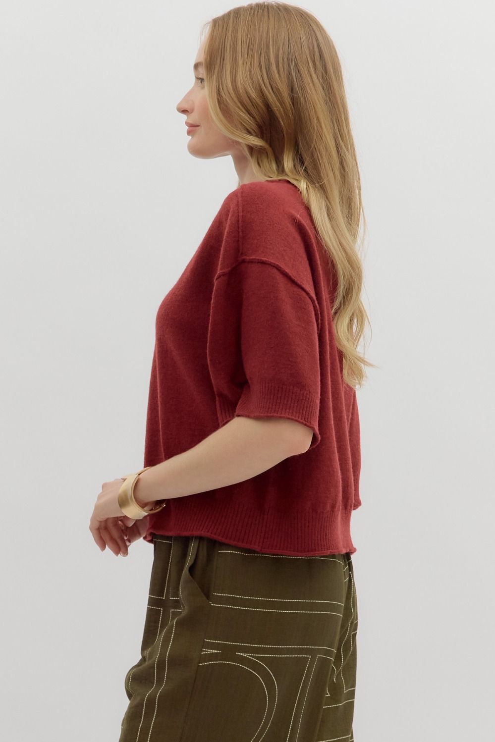 ENTRO INC Women's Top Solid Sweater Knit ¾ Wide Sleeve Pullover