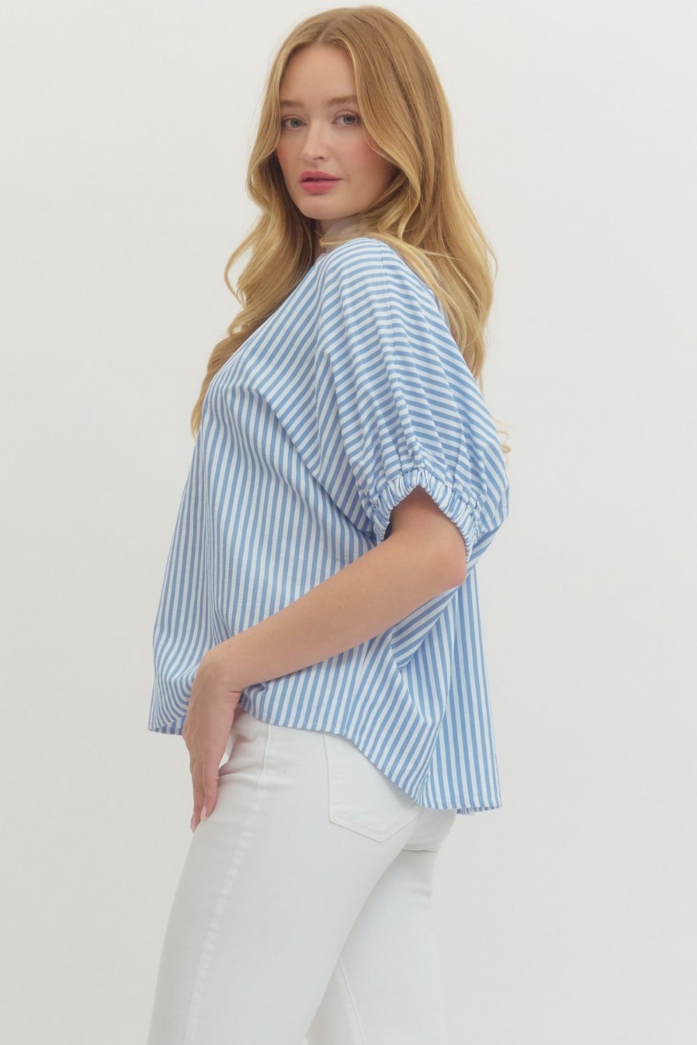 ENTRO INC Women's Top Striped Short Dolman Sleeve Top