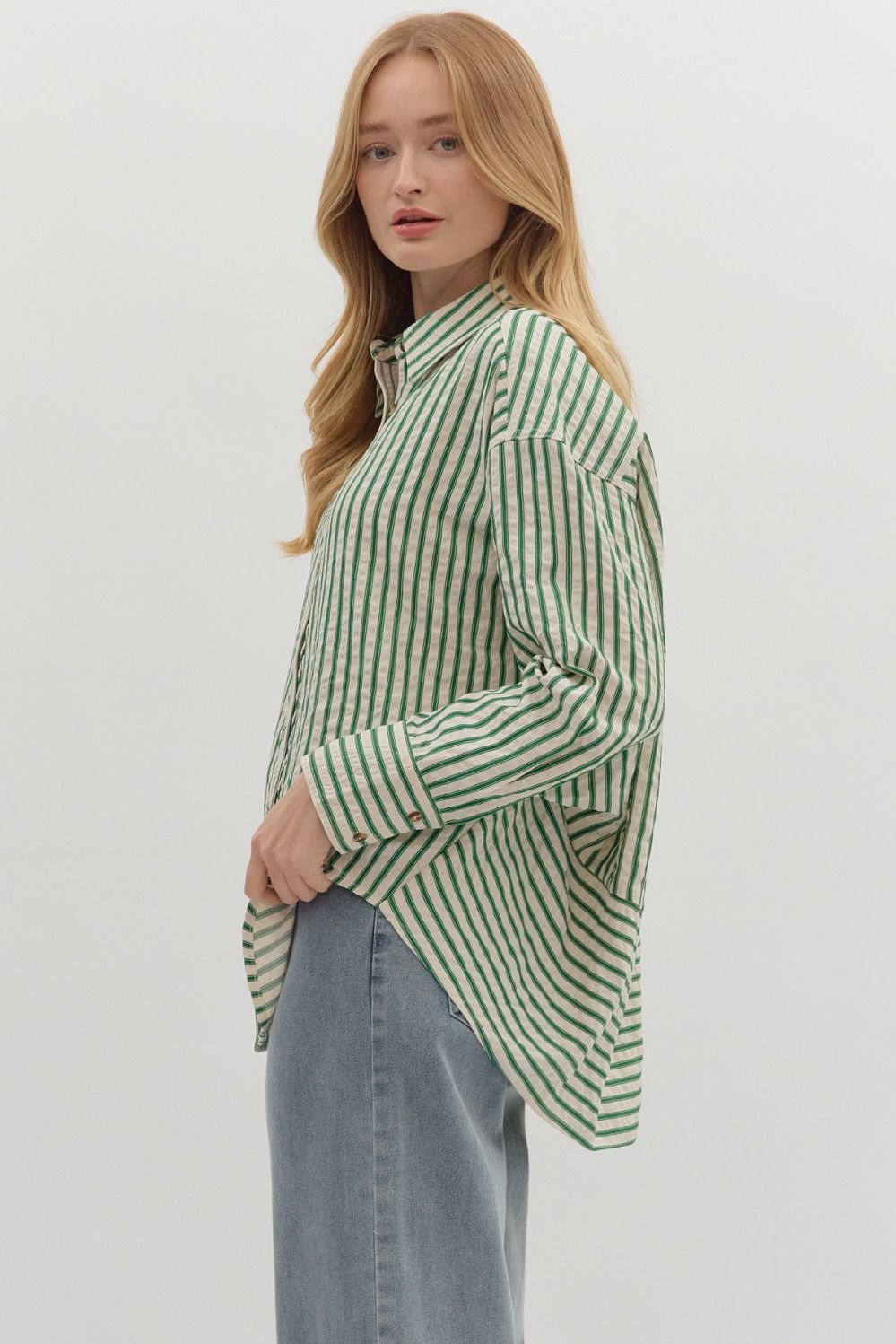 ENTRO INC Women's Top Textured Striped Long Sleeve Button Down Collar Shirt