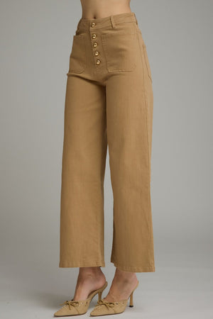Solid Wide Leg Pants with Front Button Closure