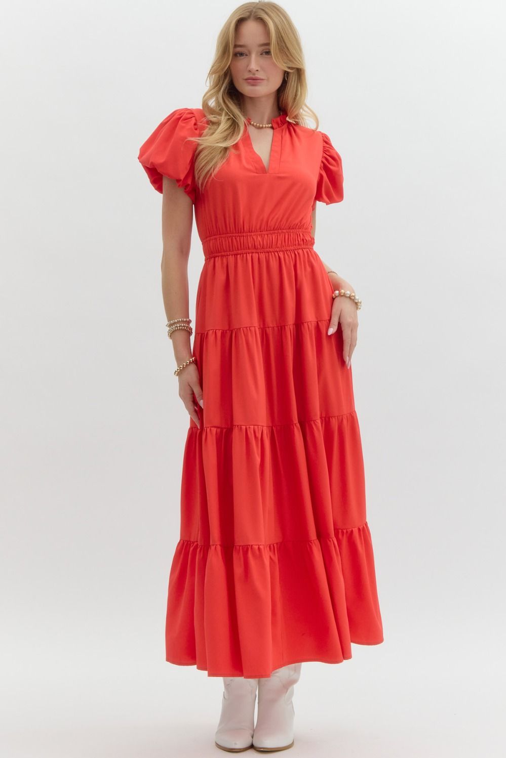 V-Neck Bubble Sleeve Tiered Midi Dress