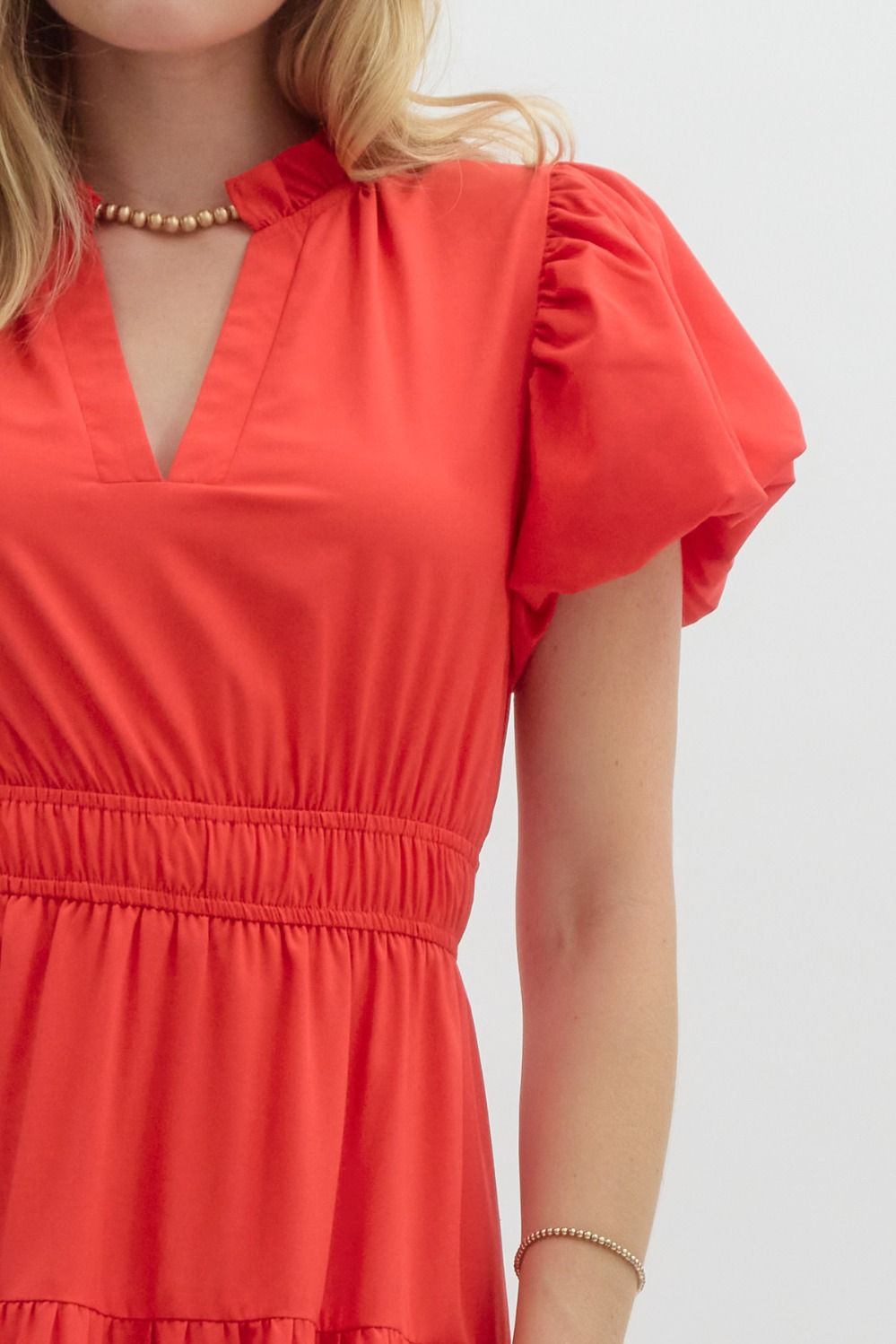 V-Neck Bubble Sleeve Tiered Midi Dress