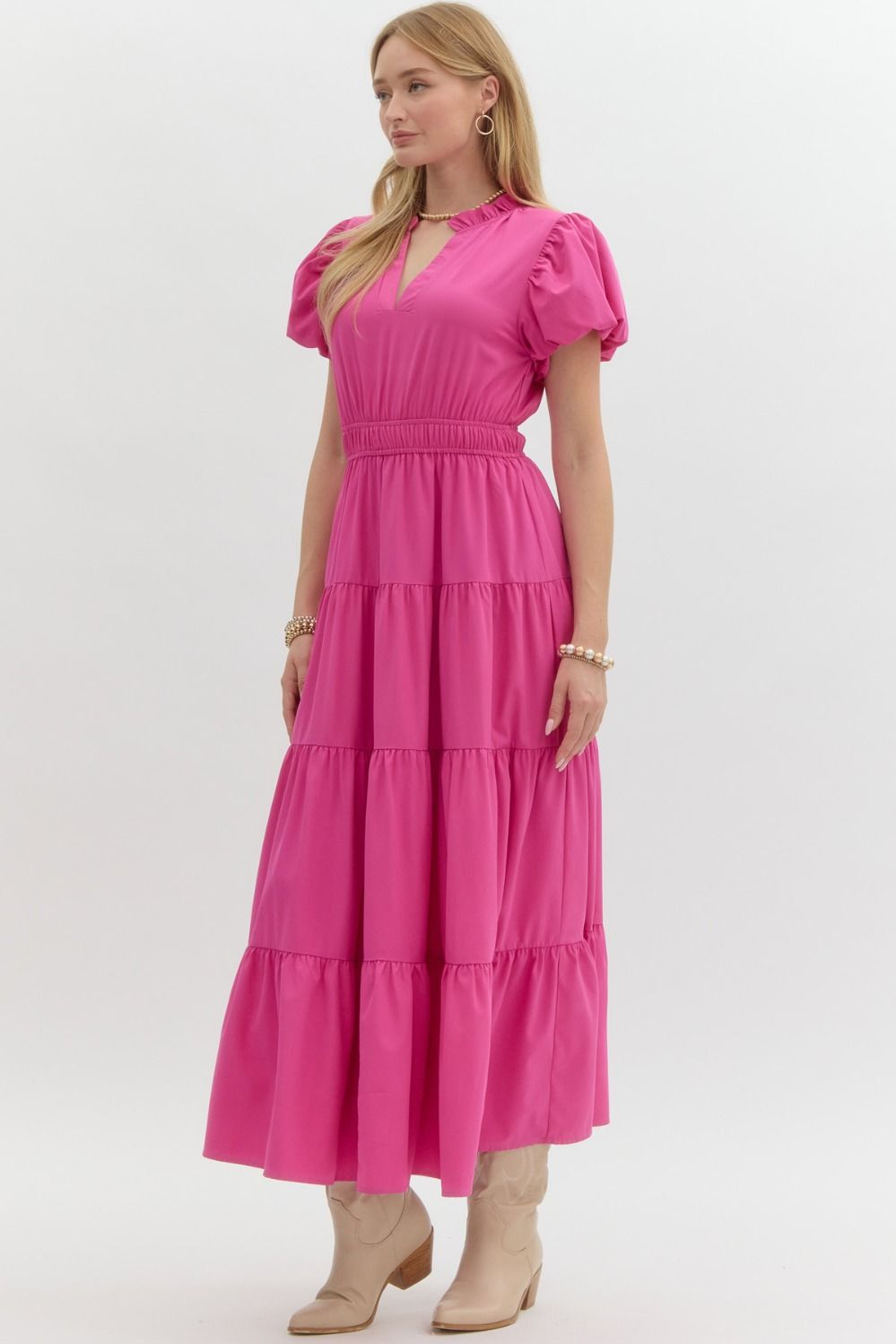 V-Neck Bubble Sleeve Tiered Midi Dress