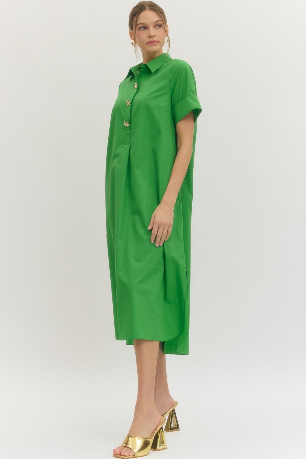 ENTRO INC Women's Dresses Gold Button Detail Short Sleeve Midi Dress