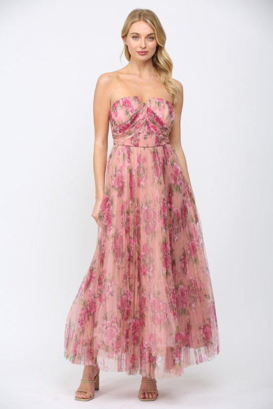 FATE BY LFD Women's Dresses Floral Print Mesh Pleated Maxi Dress