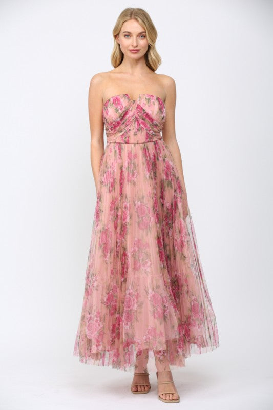 FATE BY LFD Women's Dresses Floral Print Mesh Pleated Maxi Dress