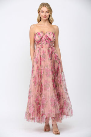 FATE BY LFD Women's Dresses Floral Print Mesh Pleated Maxi Dress