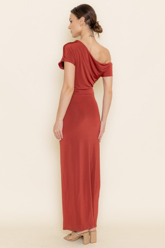FORE COLLECTION Women's Dresses Asymmetrical Off Shoulder Gathered Maxi Dress