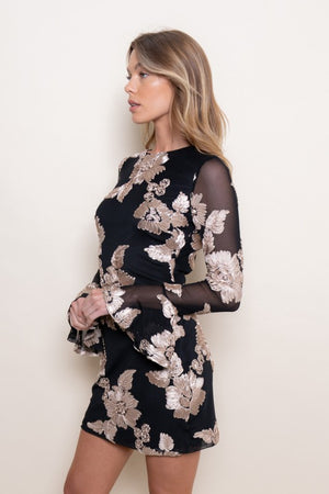 FORE COLLECTION Women's Dresses Bell Sleeve Soutache Mini Dress With Back Cut Out