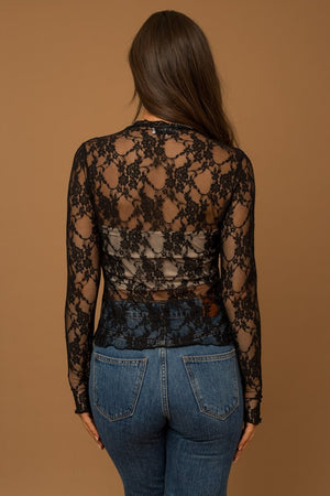 Gilli Clothing Women's Top Long Sleeve Merrow Hem Floral Mesh Top