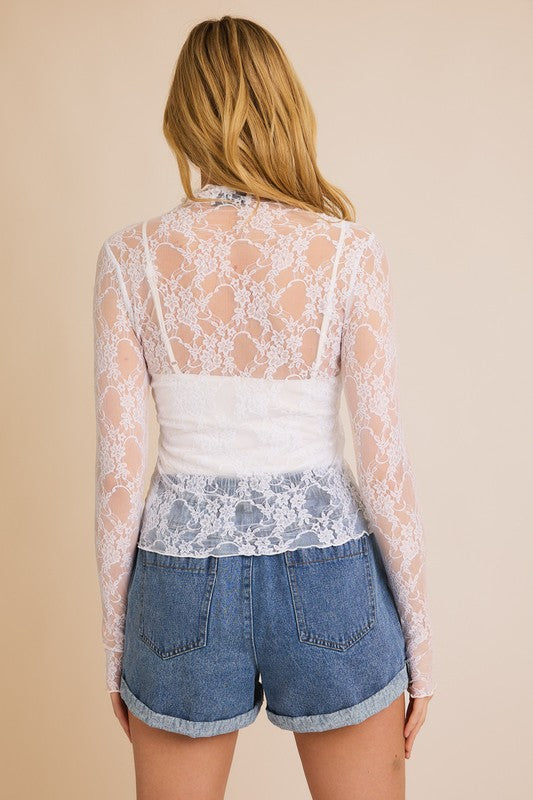 Gilli Clothing Women's Top WHITE / S Long Sleeve Merrow Hem Floral Mesh Top AT3577-2
