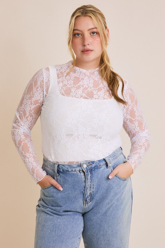 Gilli Clothing Women's Top Plus Size Long Sleeve Merrow Hem Floral Mesh Top || David's Clothing