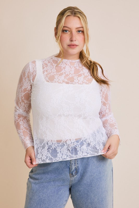 Gilli Clothing Women's Top Plus Size Long Sleeve Merrow Hem Floral Mesh Top || David's Clothing