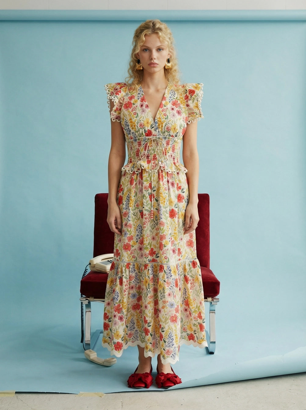 HEYSON Women's Dresses Floral Smocked Waist Ruffle Midi Dress