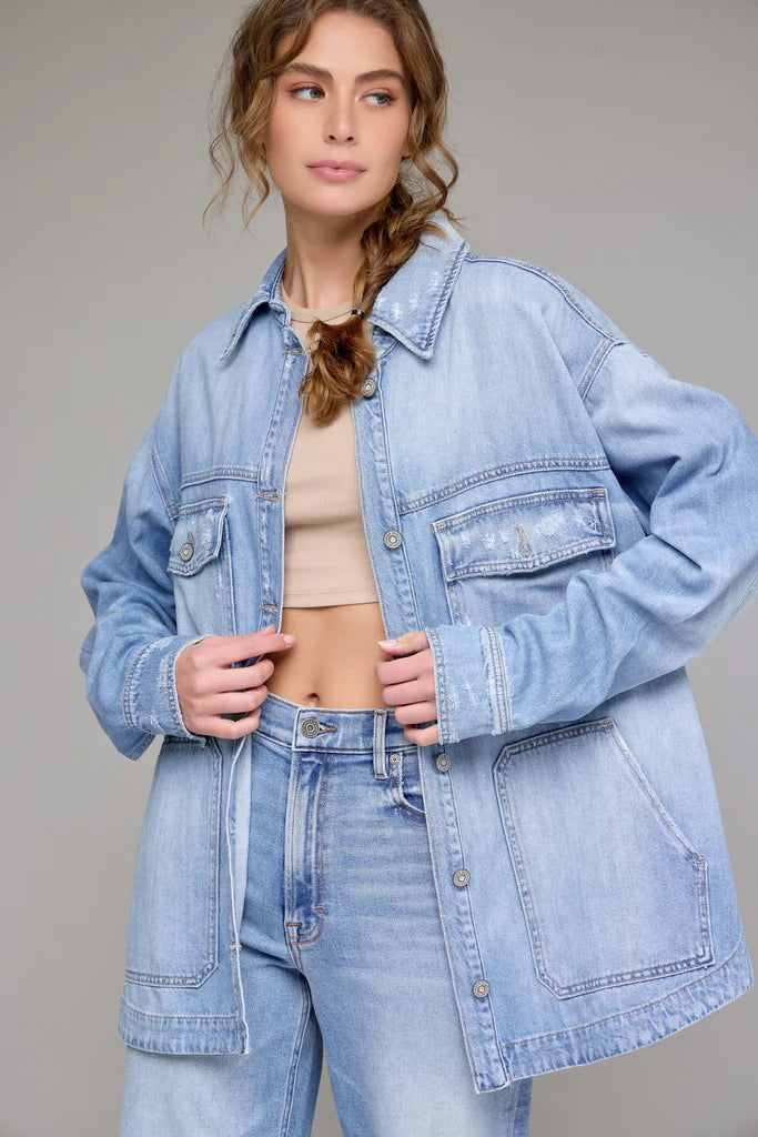 HIDDEN JEANS Women Jackets Light Wash Oversized Shirt || David's Clothing