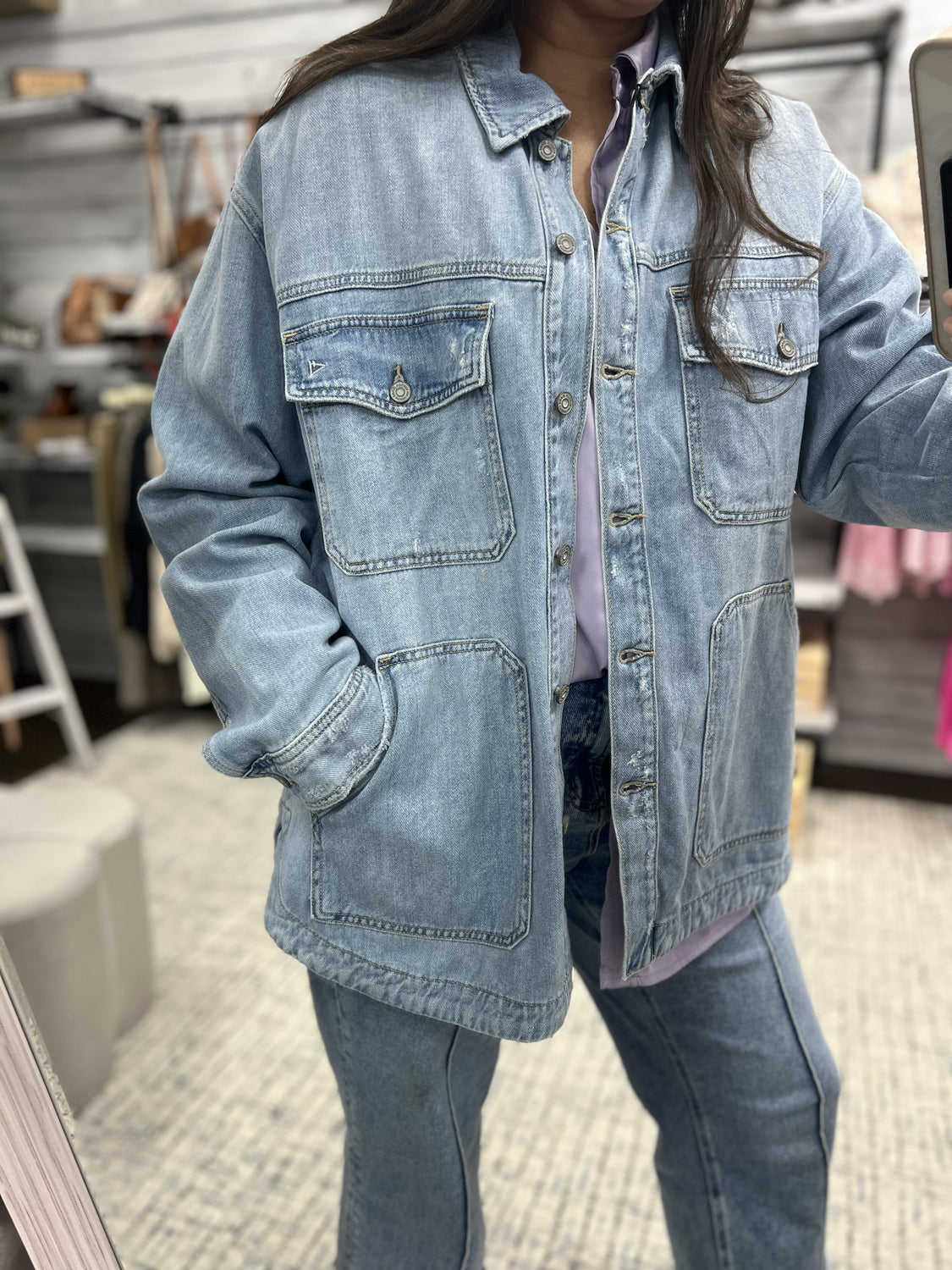 HIDDEN JEANS Women Jackets Light Wash Oversized Shirt || David's Clothing