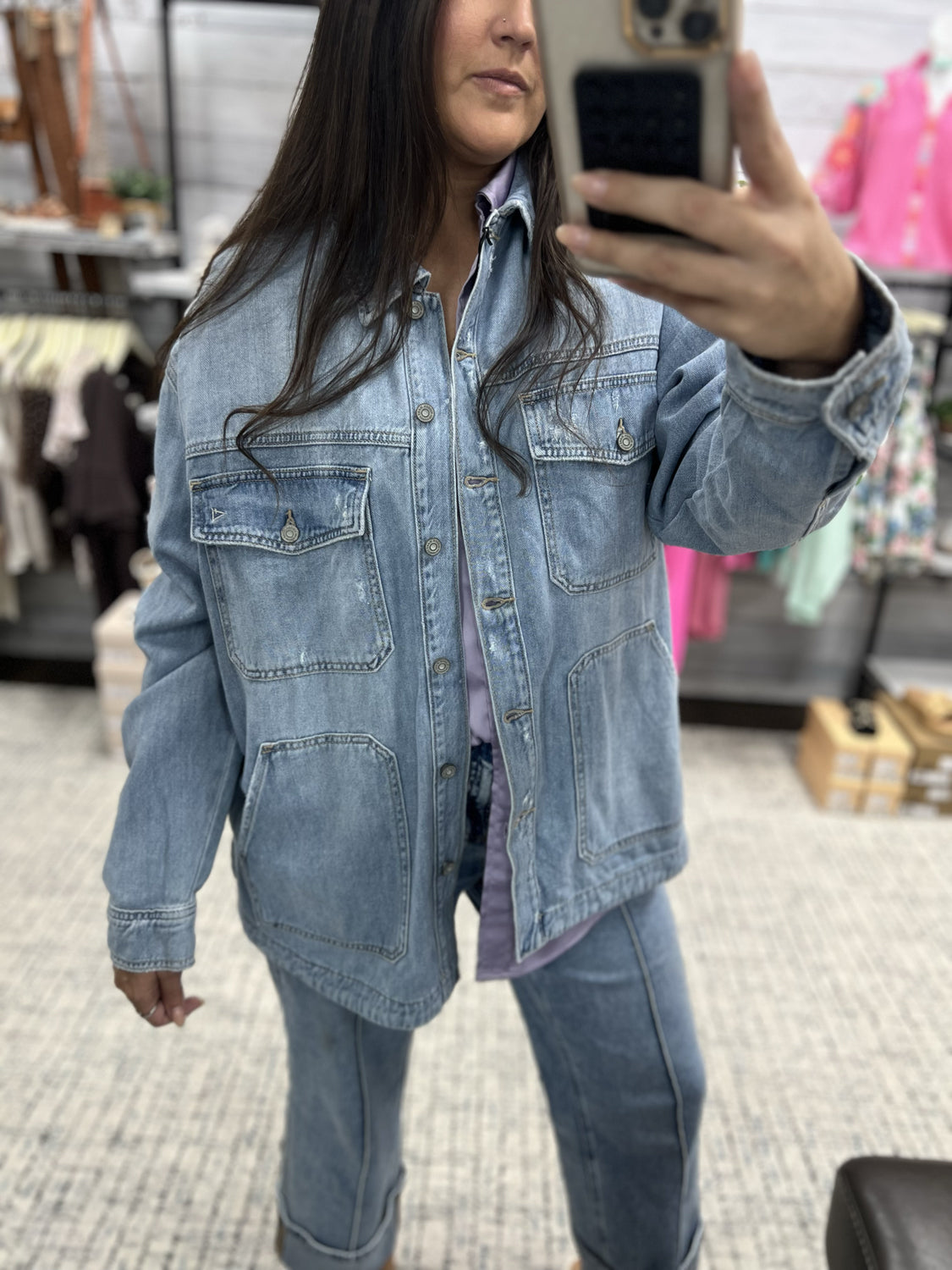 HIDDEN JEANS Women Jackets Light Wash Oversized Shirt || David's Clothing