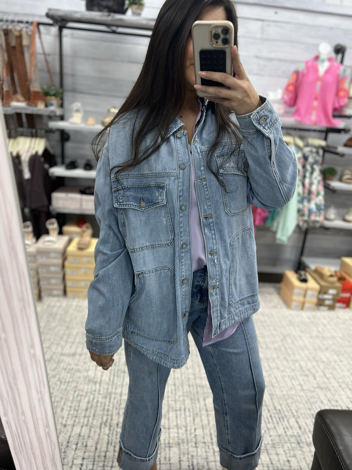 HIDDEN JEANS Women Jackets Light Wash Oversized Shirt || David's Clothing