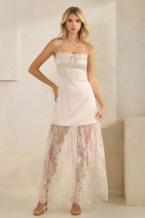 HONEY MANGO Women's Dresses CHAMPHAG / S Lace Trim Satin Maxi Slip Dress MD2652