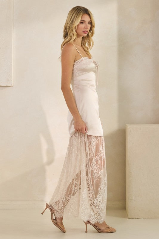 HONEY MANGO Women's Dresses Lace Trim Satin Maxi Slip Dress