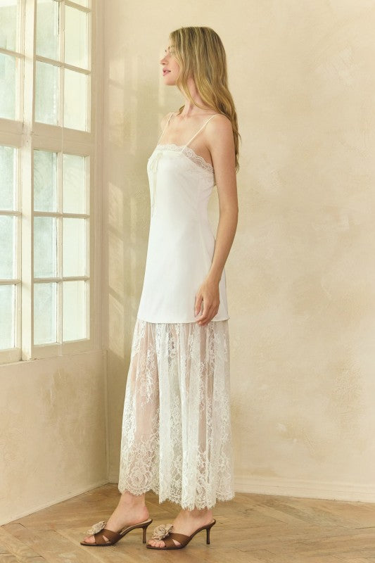 HONEY MANGO Women's Dresses Lace Trim Satin Maxi Slip Dress