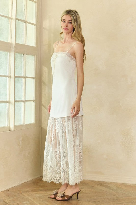 HONEY MANGO Women's Dresses Lace Trim Satin Maxi Slip Dress