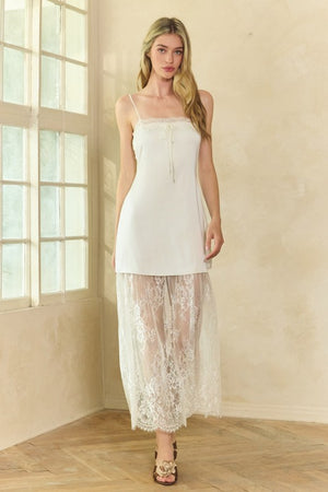 HONEY MANGO Women's Dresses Lace Trim Satin Maxi Slip Dress