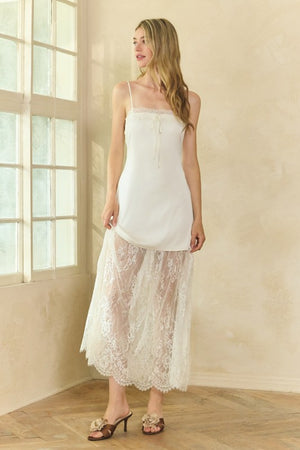 HONEY MANGO Women's Dresses Lace Trim Satin Maxi Slip Dress