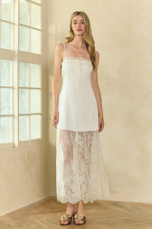 HONEY MANGO Women's Dresses Lace Trim Satin Maxi Slip Dress