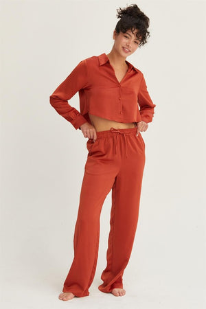 HYFVE INC. 22-Women's Woven Top Button-Down Silky Cropped Shirt || David's Clothing