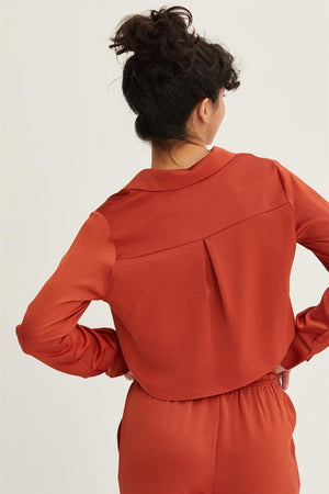 HYFVE INC. 22-Women's Woven Top Button-Down Silky Cropped Shirt || David's Clothing