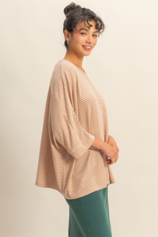 HYFVE INC. Women's Top DK TAUPE / S Brushed Fabric Striped Oversized 3/4 Sleeve Top DZ25F176