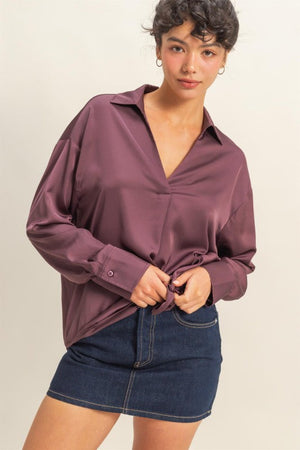 HYFVE INC. Women's Top Collared V-neck Satin Blouse